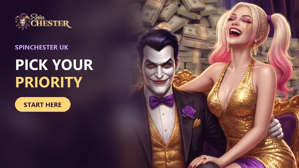  joker and a laughing blonde host in front of stacks of banknotes